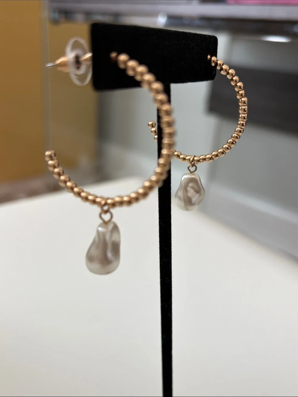 Gold Beaded Hoop Earrings with Cream Baroque Pearl Drops
